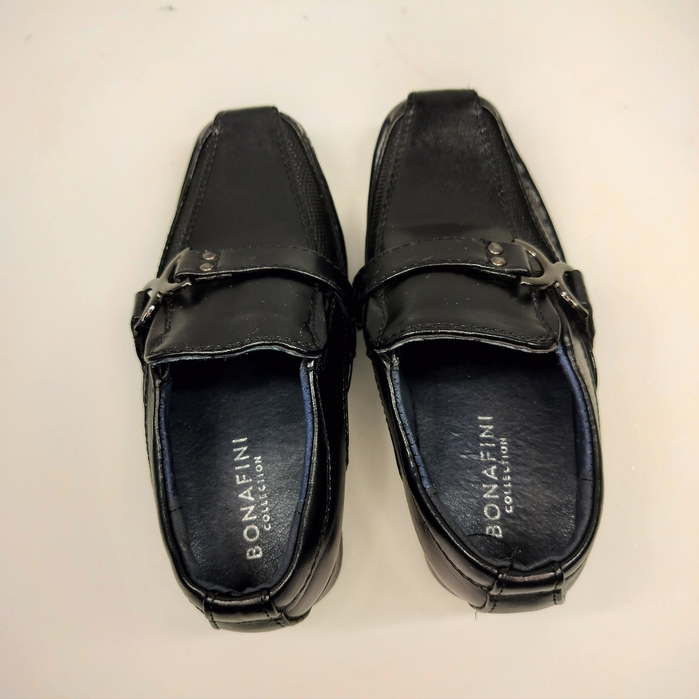 Bonafini Boys Size 6 Dress Loafers Slip On Leather Black Square Toe Buckle .